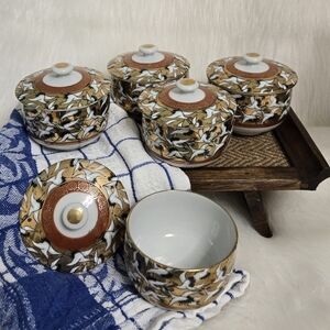 5 Vintage KUTANI Japan Thousand Cranes Gold Tea Cups Or Rice Cups and Lids